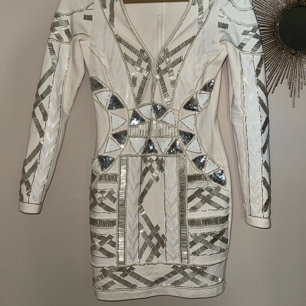 Beaded Carli Bybel x Missguided mini long sleeve white dress. US 6 true to size